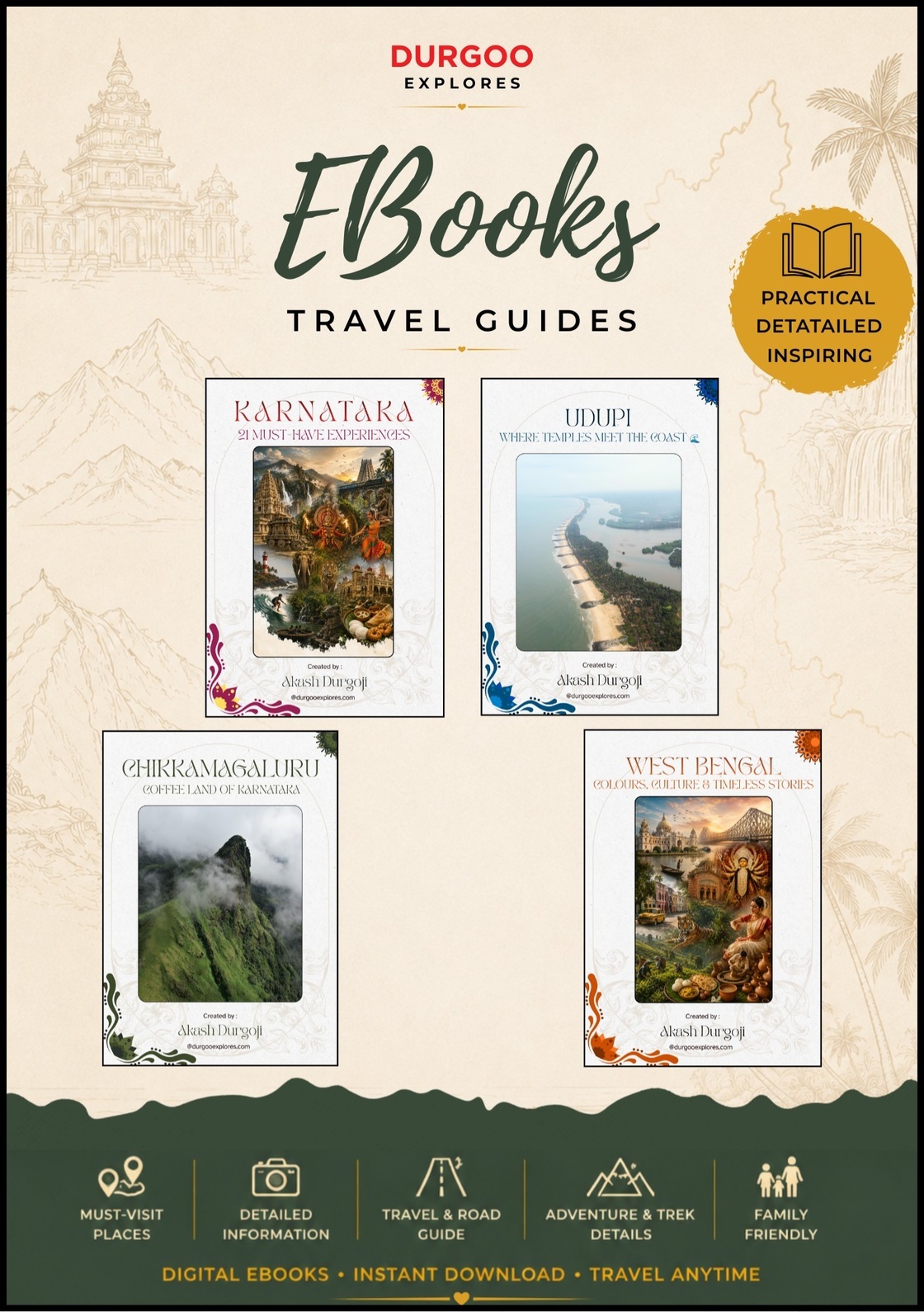 Collection of digital travel guide eBooks by Durgoo Explores featuring India destination guides: Karnataka, Udupi Coastal Guide, Chikkamagaluru Coffee Land Guide, Coorg Travel Guide, Shivamogga Travel Guide, West Bengal Travel Guide, Odisha, Rajasthan and other destinations by Akash Durgoji.